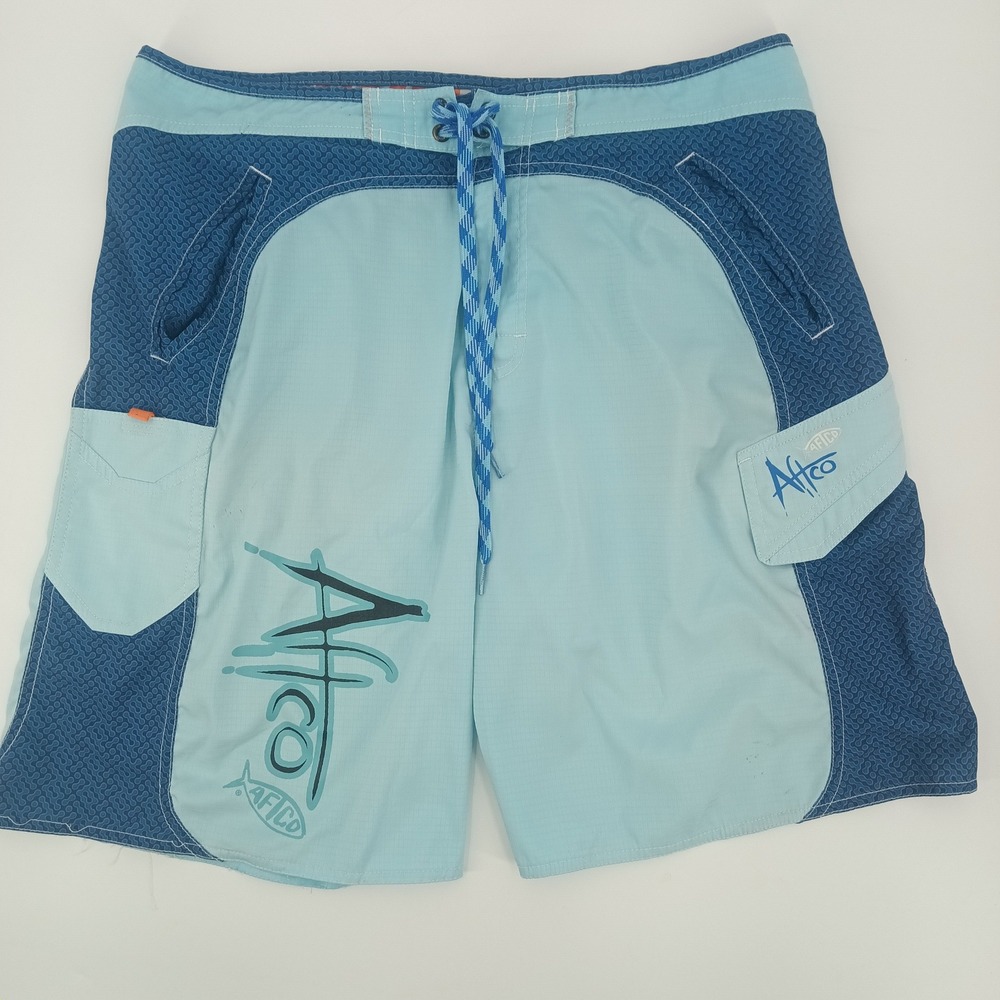AFTCO Mens Blue‎ Ripstop Fishing Board Shorts Size 36 Cargo Pockets Beachwear